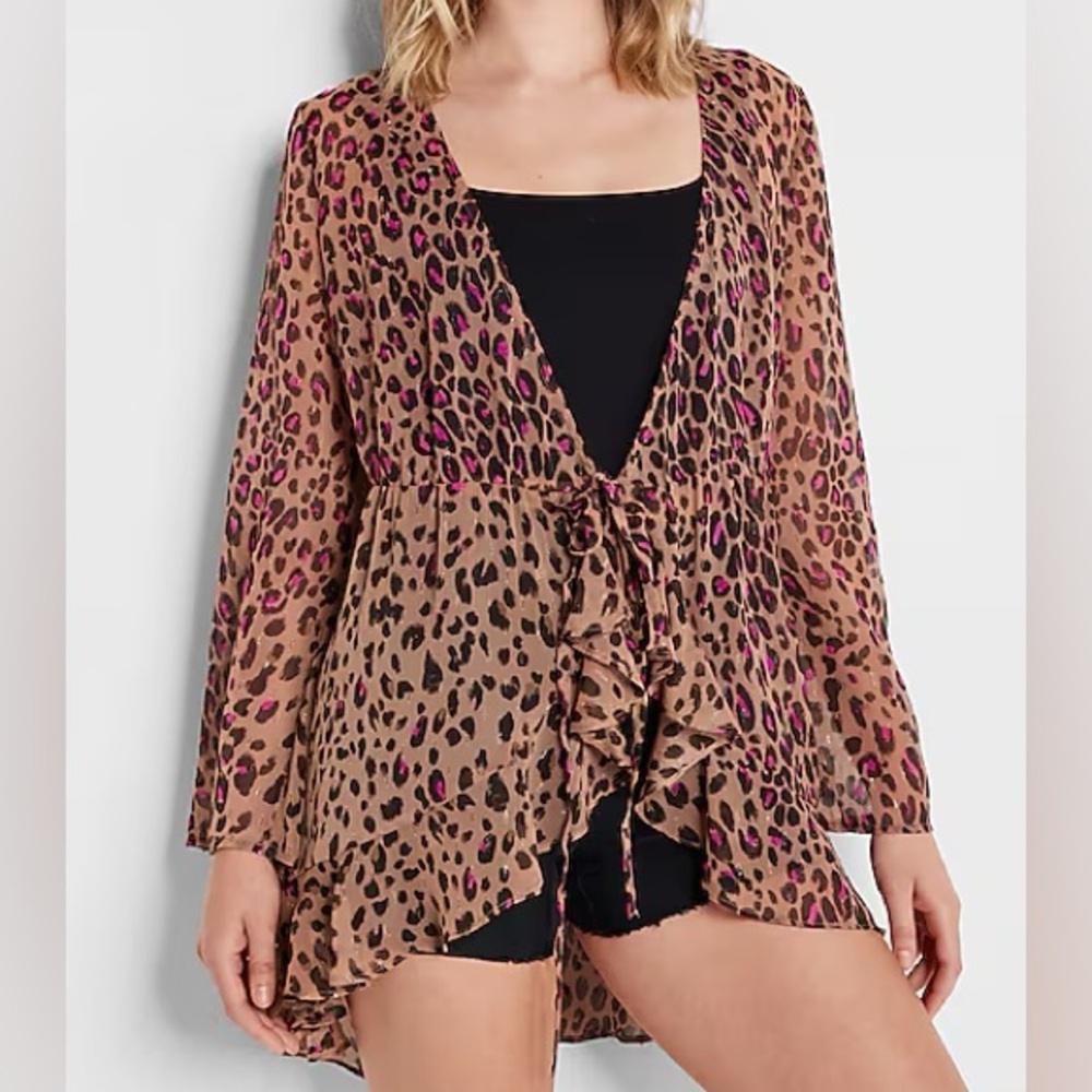 Express Cheetah Ruffle Swim Cover Up